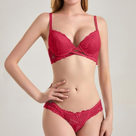 Voncos Underwear Sets for Women Gathering Bras and Underpants Plus Size Thin Lace Sexy Lingerie Set Wine Size M