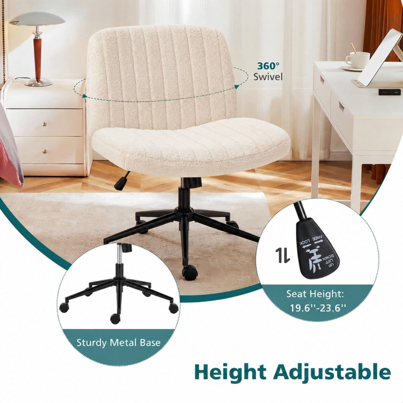 Kelno Armless Criss Cross Office Chair with Wheels 300lb Capacity Wide Seat Cross Legged Desk Chair Height Adjustable Swivel Vanity Chair, Beige Teddy