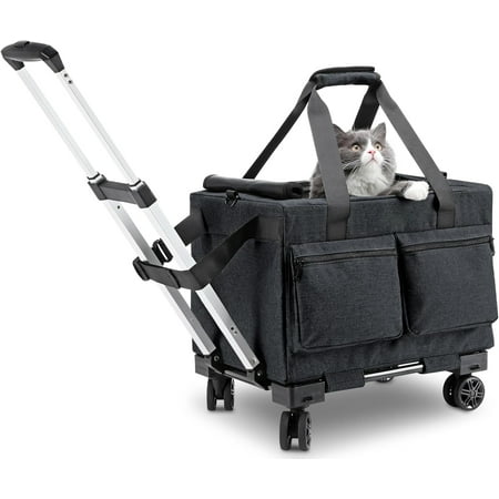Cat Carrier with Wheels Steel Wire Frame Cat Carrier  Stable Pet Trolley Bag for Cats  Pet Handbag and Stroller Bag  Portable Cat Carrier Bag for Car Travel Bus Subway  Dark Grey