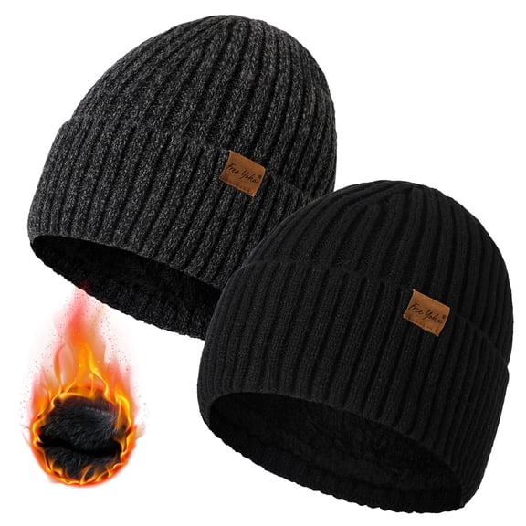 Freeyoka Men's Winter Beanie, Fleece Lined Knit Hat, Soft Warm Stretch Fit Cuffed Skull Cap 2-Pack