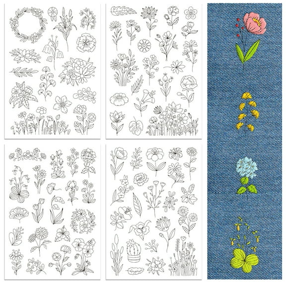 1Set 4 Sheets 11.6x8.2 Inch Stick and Stitch Embroidery Patterns Non-woven Fabrics Water Soluble Embroidery Stabilizers Flower 297x210mmm