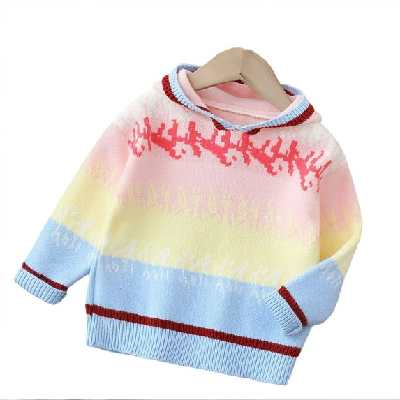 Godderr Girls Rainbow Sweater for Baby Toddler Warm Hooded Sweater for 1-5Y Autumn Winter Soft Breathable Knitted Bottoming Sweater Girls Sweater