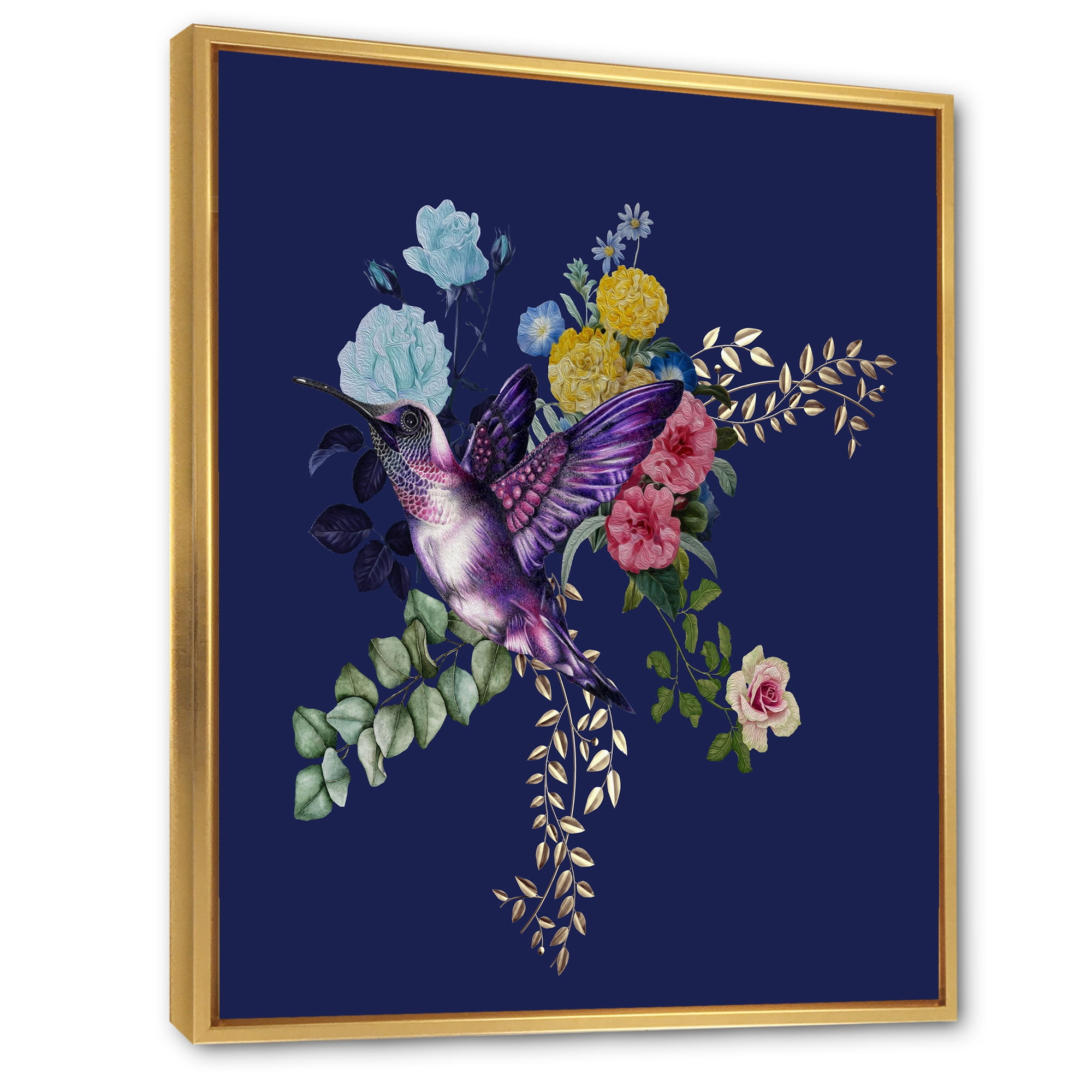 Designart 'Little Bird Sitting On Colourful Bouquet Of Wildflowers I' Traditional Framed Canvas Wall Art Print