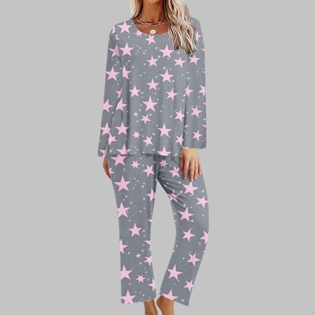 Puntoco Conjunto de pijama cómodo para mujer, conjunto de pijama con top y pantalones de manga larga con cuello redondo y estampado informal a la moda para mujer