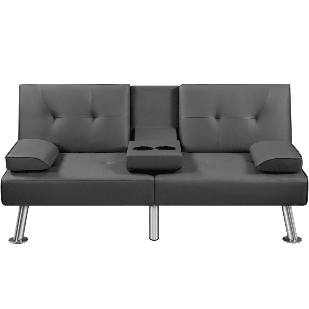 Renwick Modern Faux Leather Convertible Futon Sofa Bed with 2 Throw Pillows & Cup Holders, Gray