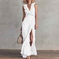 thumbnail image 5 of Yangnuo Women's Solid Ruffled V-Neck Maxi Dress Fashion Ladies Sleeveless High Slit Flowy Casual Summer Evening Long Dress White L, 5 of 5