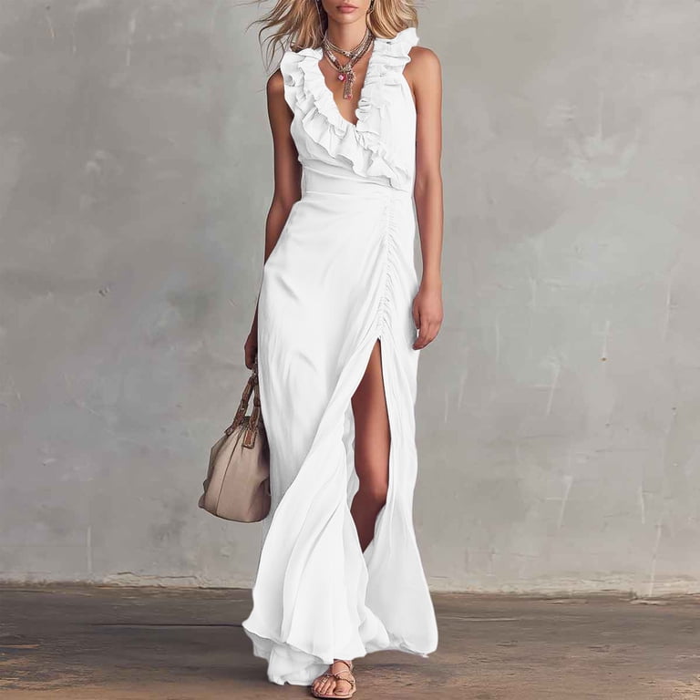 white elegant bodycon dress QUNYINEY Dresses for Women Wedding Guest Formal Long Sleeveless Cocktail Dresses Slim Fit with Slit Ruffle V Neck Dresses Sexy White Beading and Cocktail dress Sample Size:18 perfect for layering long sleeve