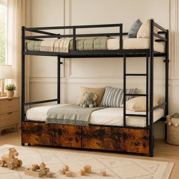 Alvantor Bunk Bed Twin over Twin for Kids, Metal Bunk Bed with Drawers Black