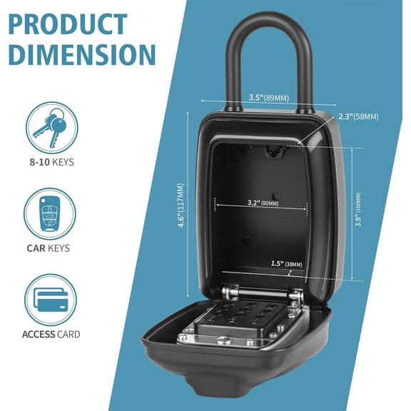 Key Lock Box With Code, Large Capacity 9 Digit Combination Lock Box, Portable U shaped Shackle Outdoor Weatherproof Security Safe for Homes, Garages, Offices, Realtors