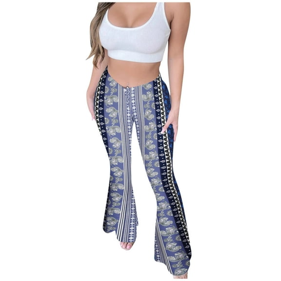 APEXFWDT Women's Print Stretch Bell Bottom Pants Flare Yoga Leggings High Waisted Boho Palazzo Wide Leg Pants Trousers