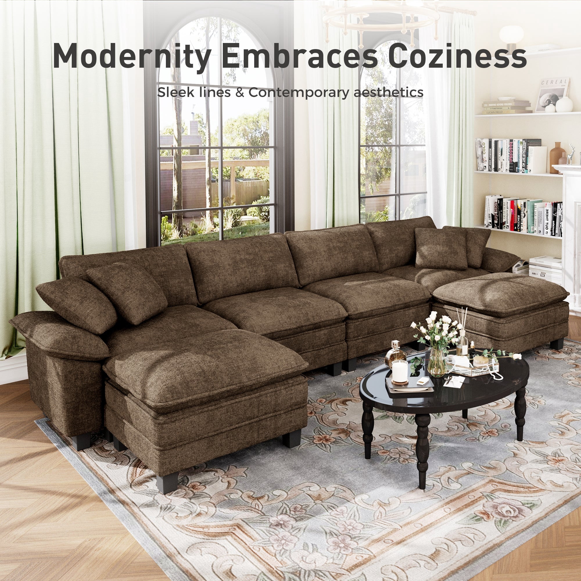 Sophia&William Sectional Sofa Sets, Oversized Cloud Couch Set 5-Seat Chenille Modular Sectional Sofa with 5 Pilliows & Deep Seat for Living Room, Taupe