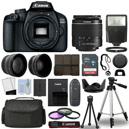 Canon EOS 4000D / Rebel T100 SLR Camera + 3 Lens Kit 18-55mm+ 16GB+ Flash & More