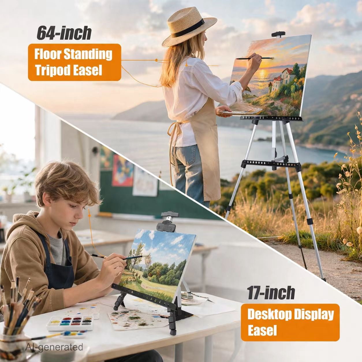 MXG Portable Display Painting Easel Stand,17-61 Inch Height Adjustable Aluminum Art Easel with Bag for Tabletop & Floor Drawing or Displaying,Silvery