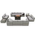 thumbnail image 3 of HOMREST 14 Pieces Outdoor Patio Furniture Set with 44" Propane Fire Pit Table, PE Rattan Sectional Sofa Conversation Set w/Adjustable Bracket, Wood Coffee Table for Backyard (Grey), 3 of 11