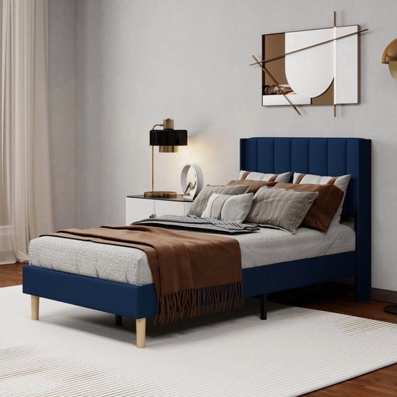 Caxkun Upholstered Platform Twin Size Bed Frame with Wingback headboard Wooden Slats Support,Blue Velvet