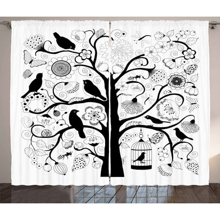 Black And White Curtains 2 Panels Set Tree With Swirling Branches