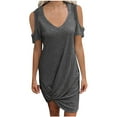 thumbnail image 2 of Robes d'Été Robe Femmes Mode Col Rond Bustier Solide à Manches Courtes Robe Décontractée en Vrac Gris Foncé M, 2 of 5