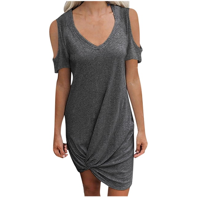 Robe à Manches Courtes pour Femmes Mode Col Rond Sans Bretelles Unie Robe Décontractée Ample