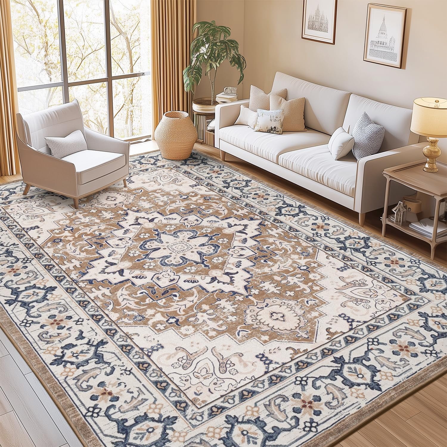 Reepow 8x10 Brown Beige Machine Washable Super Soft Faux-Wool Vintage Floral Boho Non-Slip Low Pile Large Area Rugs Carpet for Living Room Bedroom