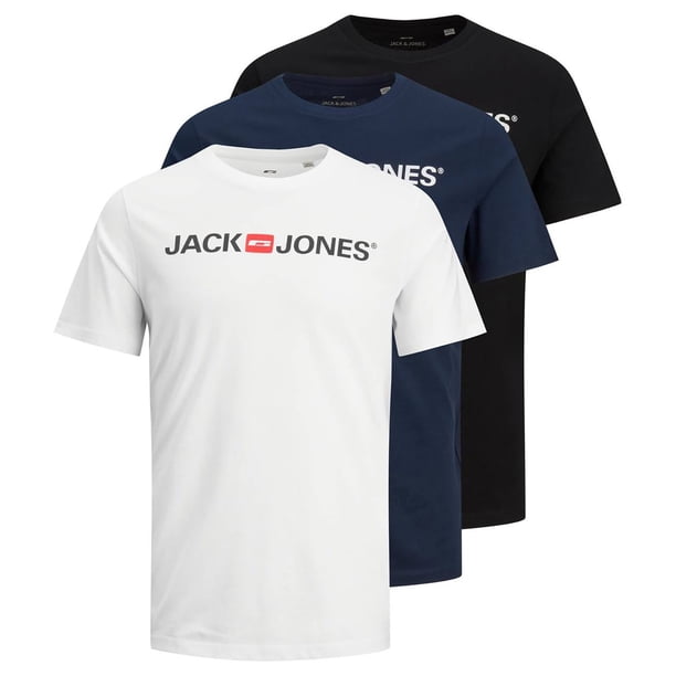 Jack & Jones Camiseta para Hombre, Pack de 3 - JJECORP LOGO TEE CREW NECK, estampado con logo, algodón Blanco/Azul marino/Negro S (Small)