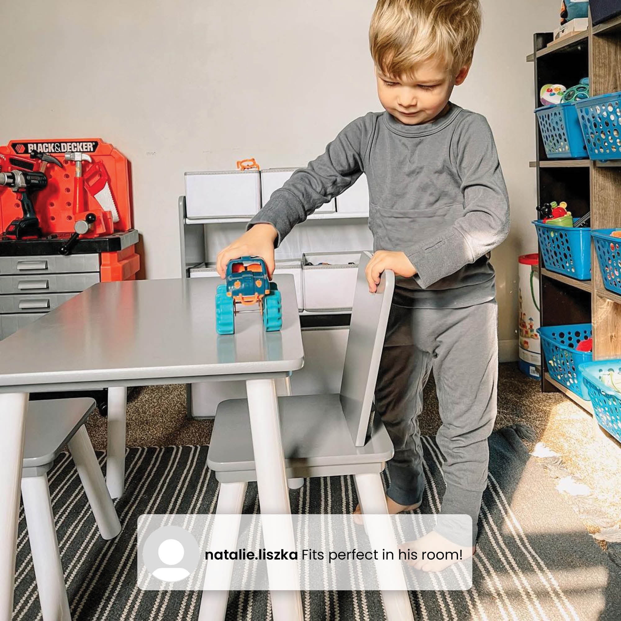 Delta Children 4-Piece Toddler Playroom Set – Includes Play Table with Dry Erase Tabletop and 6 Bin Toy Organizer with Reusable Vinyl Cling Stickers, Grey/White