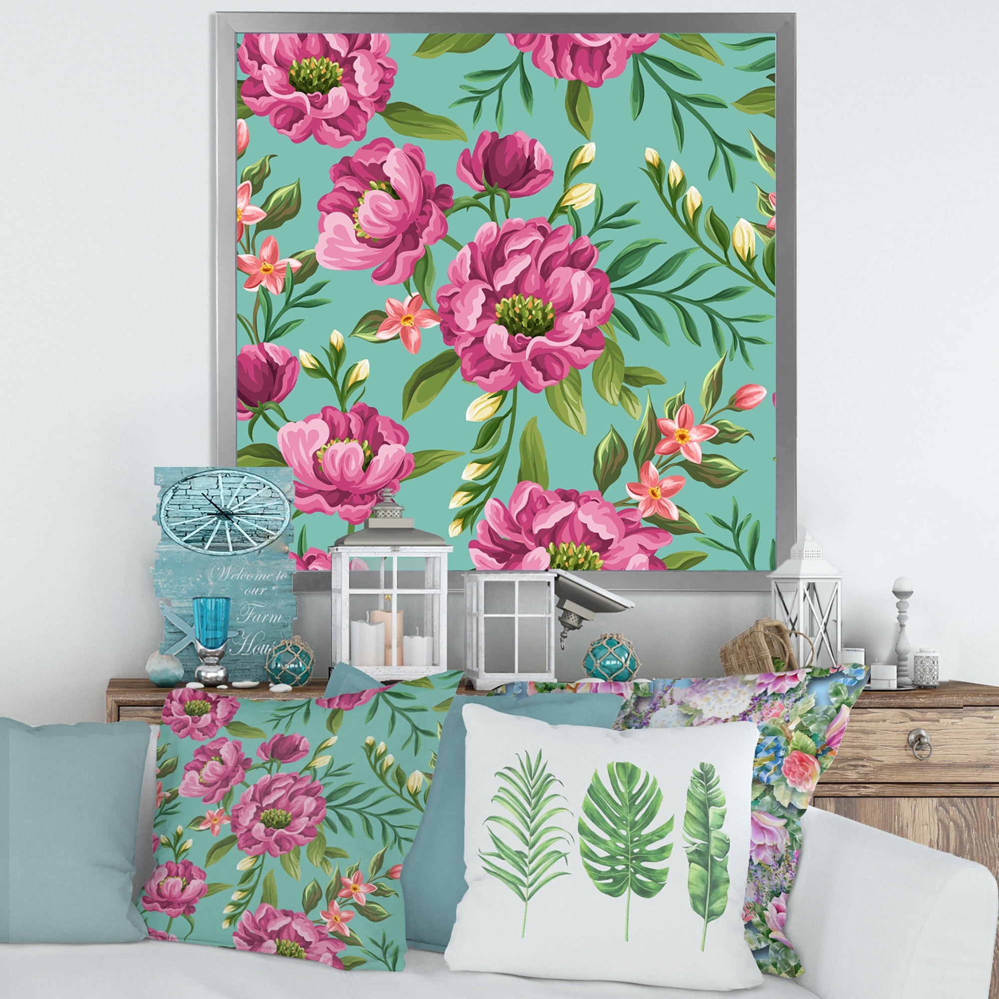 Designart 'Fuchia Pink Flowers On Green VIntage' Traditional Framed Art Print