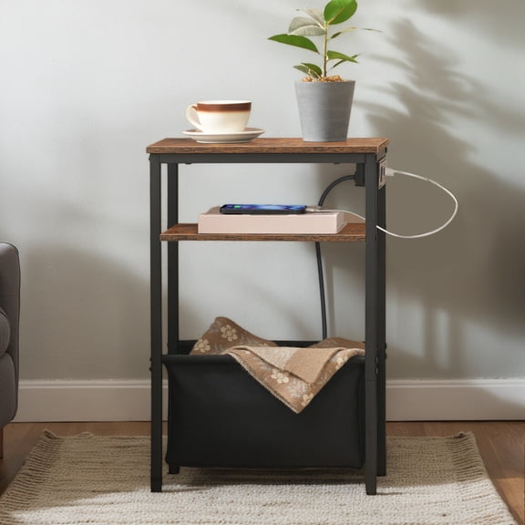 Modern Narrow Side Table with USB Charging Station - Slim Space Saving End Table with Storage Basket, Rustic Brown & Black for Small Spaces