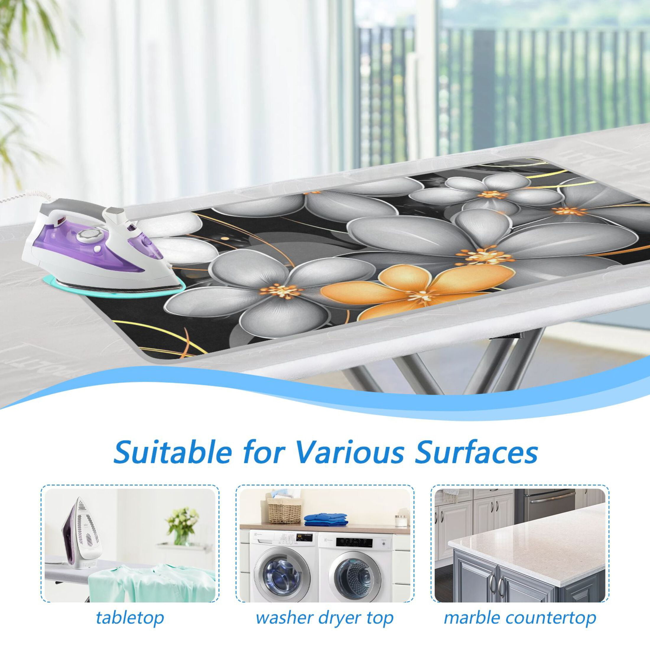 Silver and Orange Flower Ironing Mat Blanket for Table Top Travel Portable Ironing Board Pad 47.2x27.6 Inch