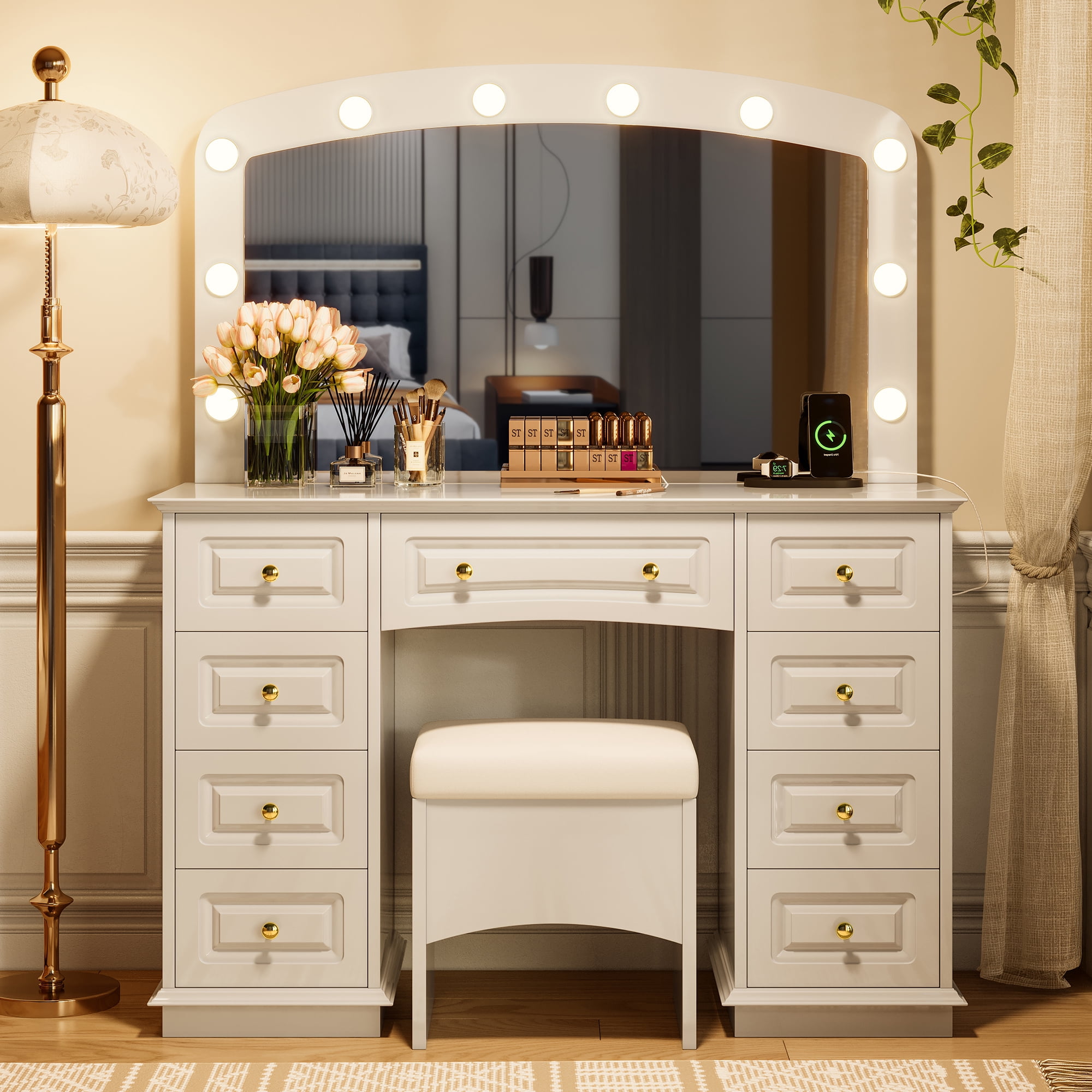 Yoneston Luxurious Makeup Vanity with 10 Hollywood LED Mirror, Classic Dressing Table with 9 Drawers & Cushion Storage Stool for Bedroom, Dressing Room, White