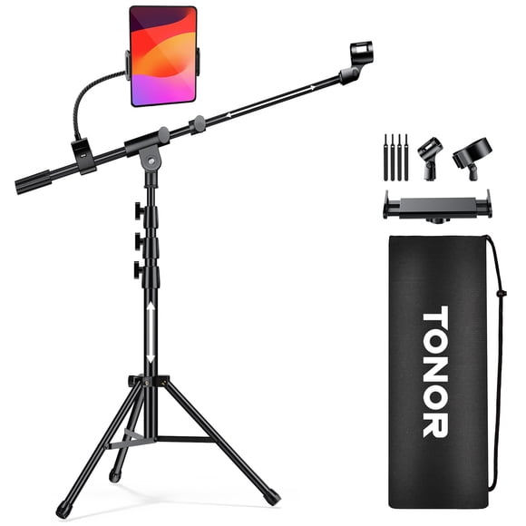 TONOR Support de Micro, Support de Microphone avec Support pour Tablette, Bras Perche Trépied pour Plancher, Hauteur et Angle Ajustables, Support DJ Robuste avec Porte-Carr