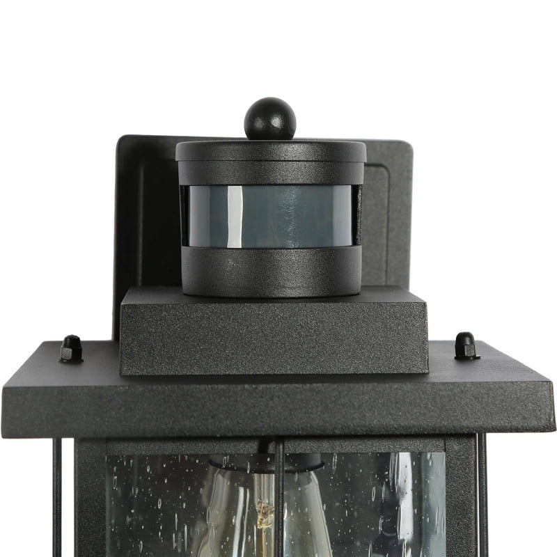LNC Modern Motion Sensor Outdoor Wall Light with Seeded Glass, Dusk to Dawn Black Lantern