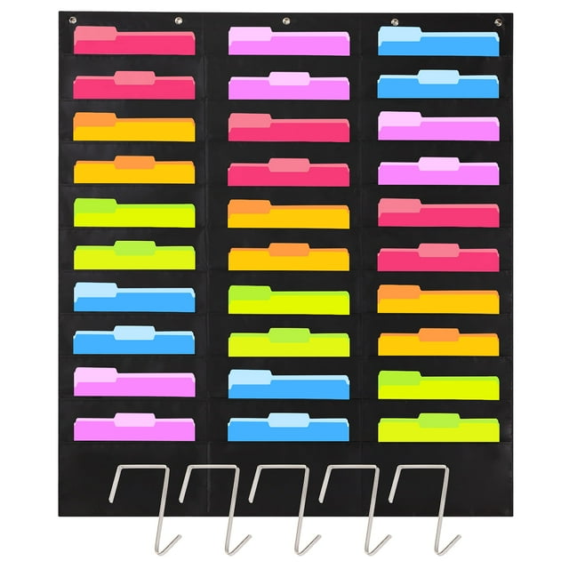 Heavy Duty Storage Pocket Chart for Classroom, 30 Pockets, 5 Overdoor Hangers Included, Hanging Wall File Organizer for Office File Folders, Assignments, Files, Scrapbook Papers & More (Black)