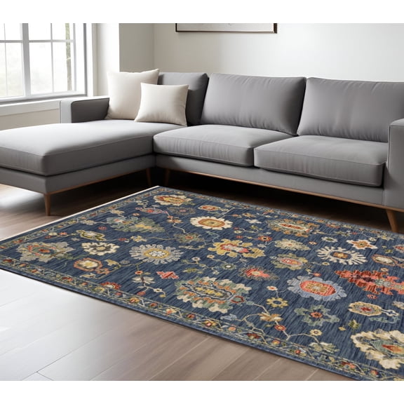 8' X 11' Blue Yellow And Red Oriental Area Rug With Fringe