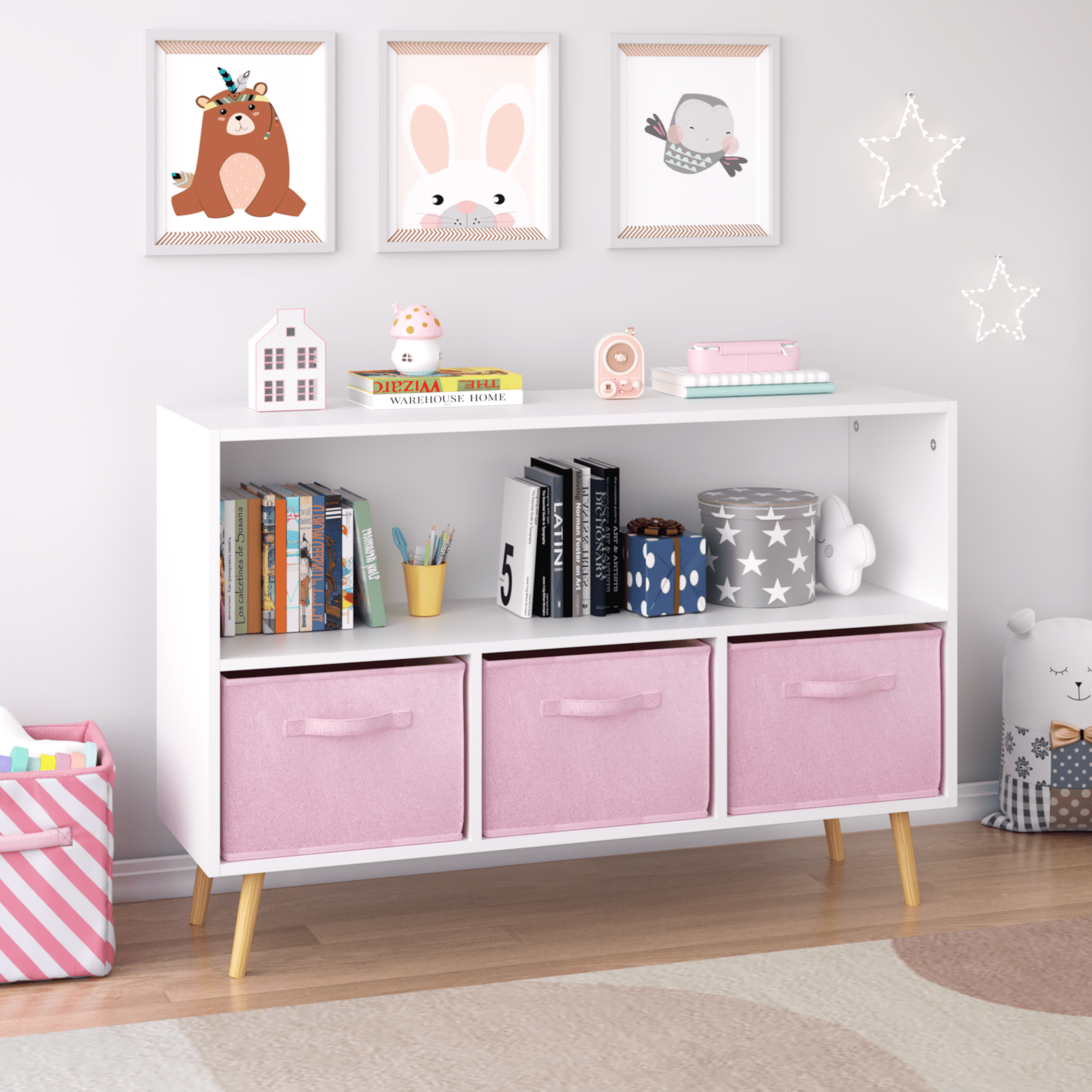 White & Pink Kids Bookcase with Fabric Drawers, MDF Storage Cabinet for Toys & Books - Wall-Mounted Safety Design, Easy Assembly (35.4"x11"x23.6")