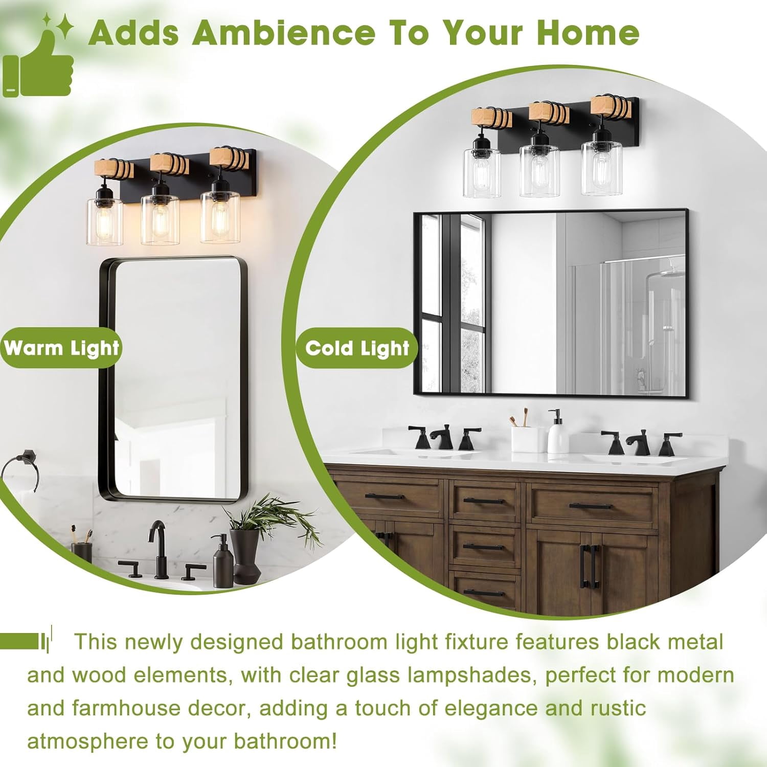 Farmhouse Bathroom Light Fixtures 3-Light Matte Black Bathroom Vanity Light Industrial Style with Clear Glass Shades Lighting Fixtures over Mirror for Bedroom, Living Room