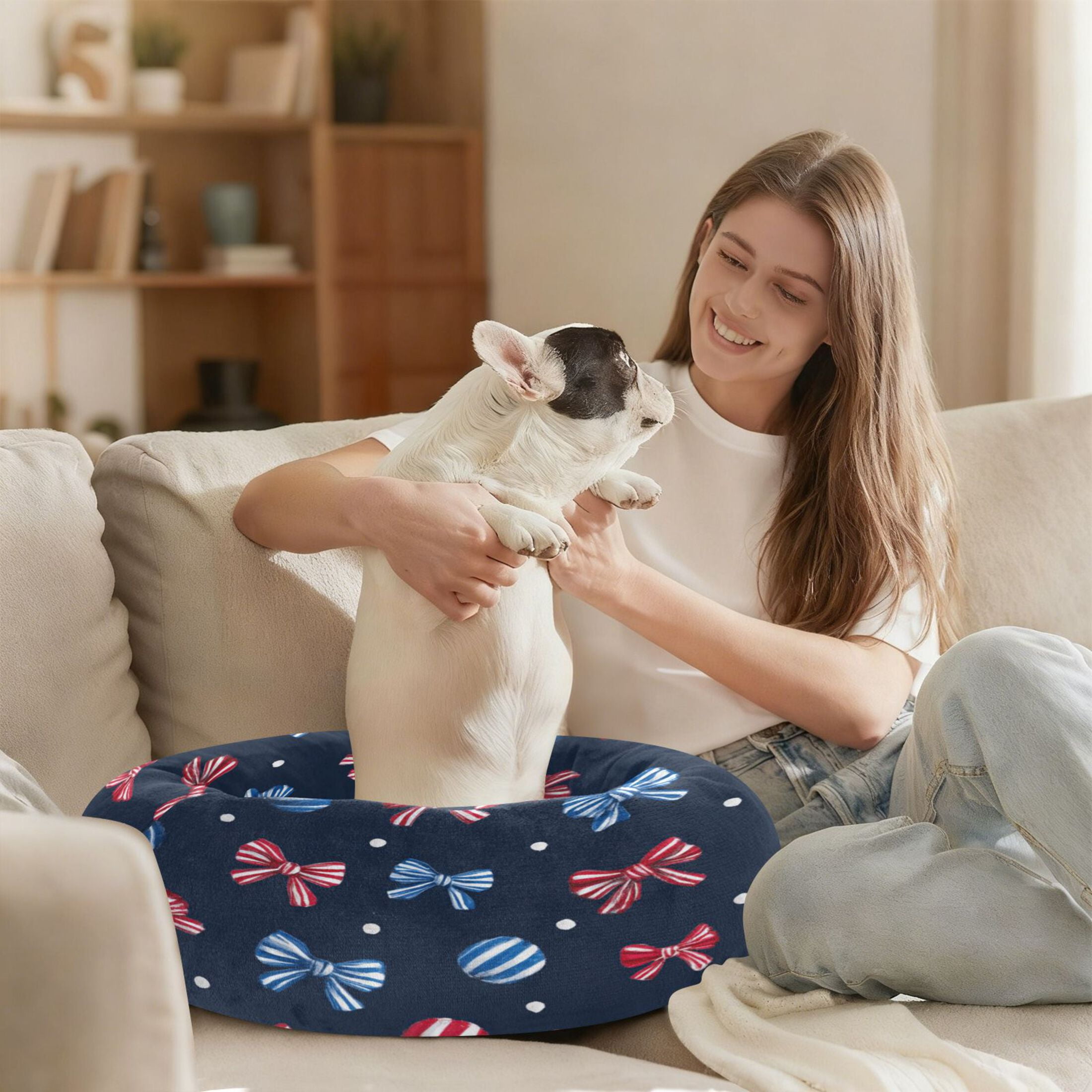 Iauyy Pet Couch Donut Cat Bed for Indoor Cats/Small Dogs Washable & Machine with Non-slip Bottom Calming Cat Furniture, Ribbon Bow (M)