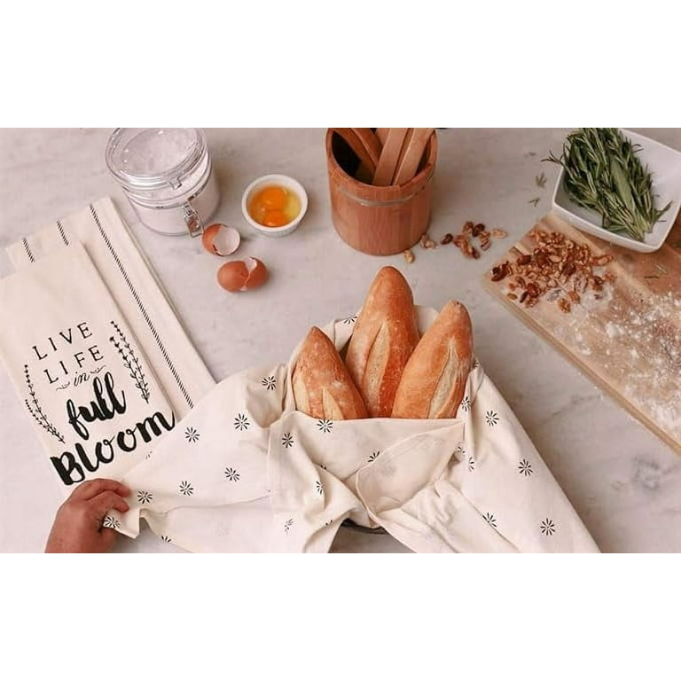Sticky Toffee Cotton Flour Sack Kitchen Towels, Live Life Stripe and Flower Prints, 3 Pack, 28 x 29
