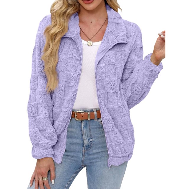 Chaqueta Suave y Cálida con Cremallera y Larga para Mujer Púrpura L
