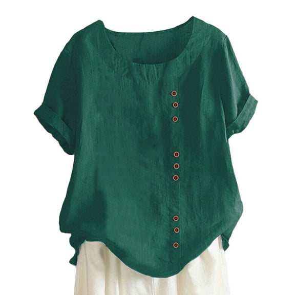 Zori Plus Size Linen Tops for Womens Crewneck Roll Up Short Sleeve Tshirt Blouse Trendy Button Casual Loose Fit T Shirt Tunic Tops