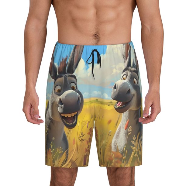 Balery Funny Countryside Donkey Pantalones cortos de pijama de punto de algodón para hombre con cinturilla y bolsillos-4X-Large