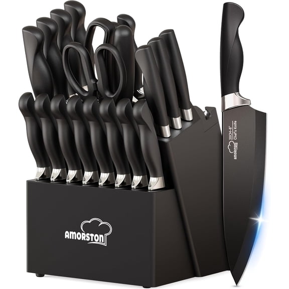 Knife Set, 21 Pieces Kitchen Knife Set with Block and Sharpener, Ultra-Sharp Knives Set with Ergonomic Handles, Black German Stainless Steel Knife Block Set, Dishwasher Safe