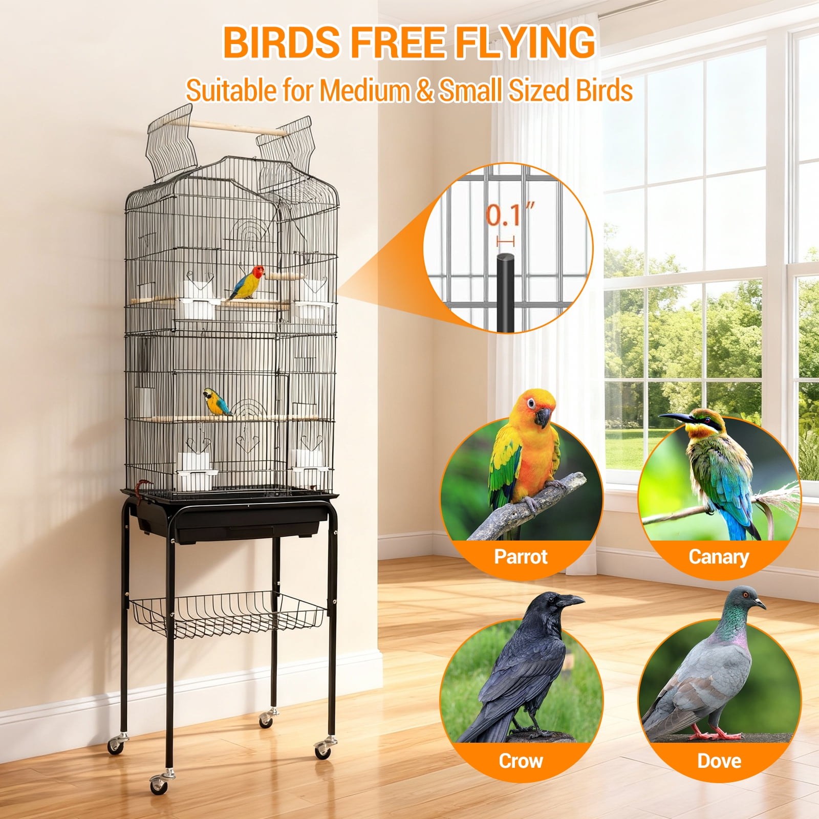Play Open Top Medium Small Bird Cage with Detachable Rolling Stand Hanging Bird Cage with Storage Shelf, Playtop Parrot Cages Heavy-Duty Pet Birds House Black