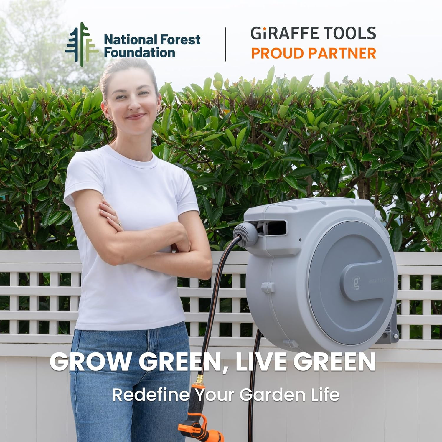 Giraffe Tools Retractable Garden Hose Reel with 14mm-100ft Water Hose, Plastic Bracket, Wall Mounted, Light Grey
