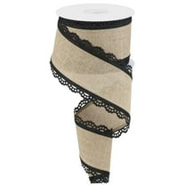 Scallop Edge Royal Wired Ribbon, 2.5 Inches x 10 Yards, Burlap, Tan with Black Lace