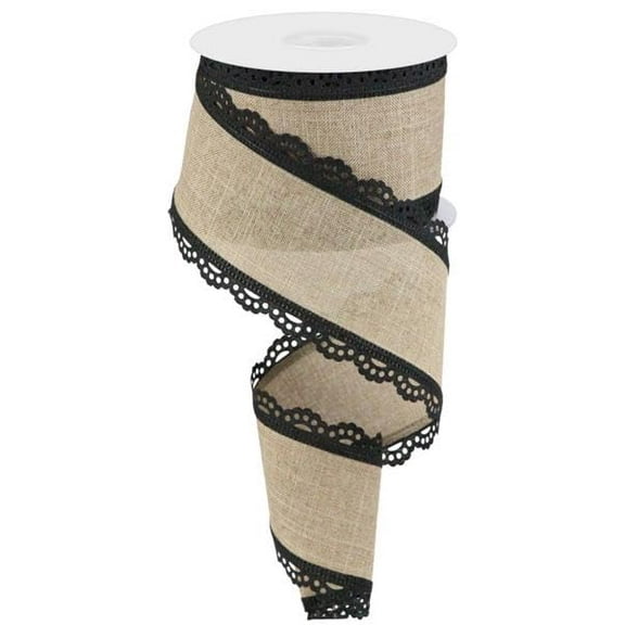 Scallop Edge Royal Wired Ribbon, 2.5 Inches x 10 Yards, Burlap, Tan with Black Lace