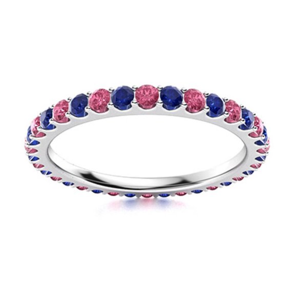 Full Eternity Round Blue Sapphire & Pink Topaz 925 Sterling Silver Women Ring