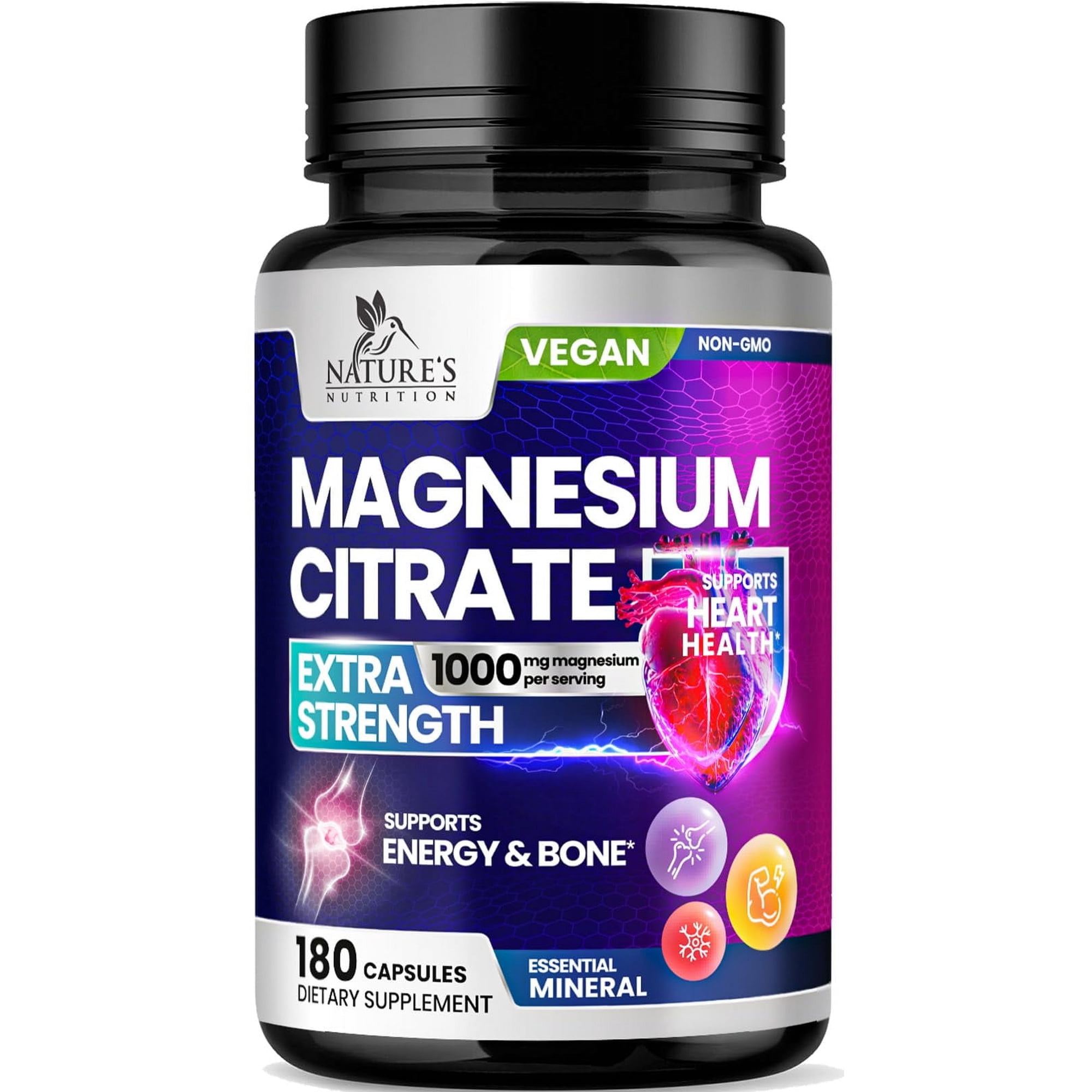 Magnesium Citrate 1000mg Per Serving - 3X Strength Magnesium Supplement for Bone, Muscle, Heart, Natural Sleep Support for Men & Women, Vegan Mag Mineral Pills, Non-GMO, Bottled in USA - 180 Capsules