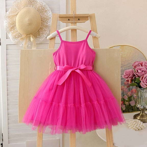 CIAKGIAF Girls Dresses,Comfortable Mesh Fluffy Halter Solid Color Dresses,Hot Pink for 3 Years