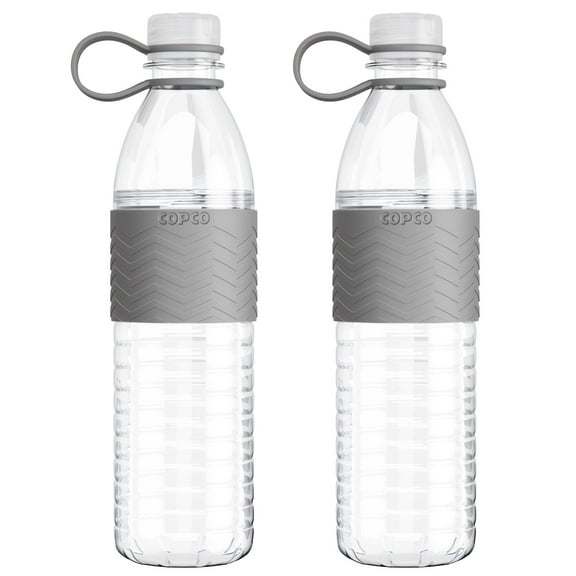 Copco Hydra Reusable Water Bottles, Set of 2, Non-Slip Sleeve, Spill Resistant Lid, Clear Water Bottles for School, Gym, & Travel, 20 Oz (Gray)