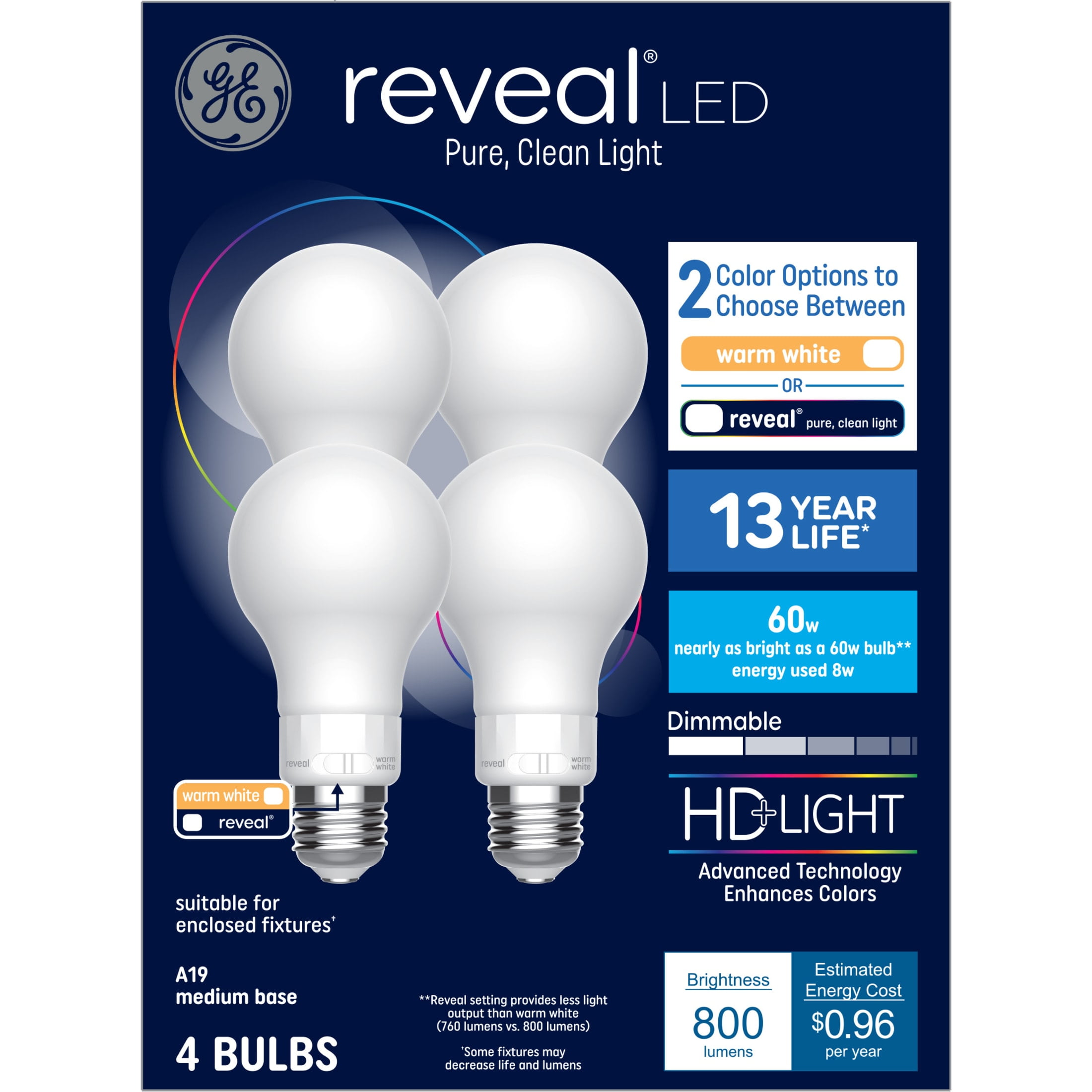 (2 pack) GE Reveal HD+ LED Light Bulbs, 60 Watt, A19 Bulbs, Medium Base, 4pk